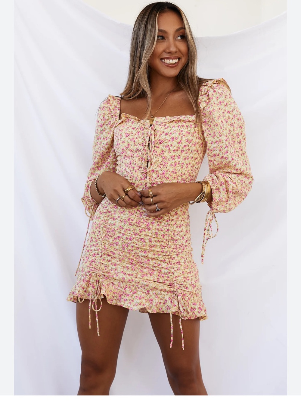 Hello Molly Pink and Yellow Floral Smocked Mini Dress